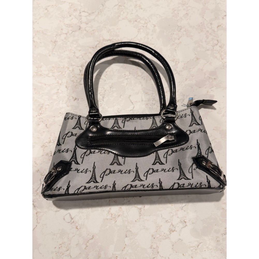 Y2K 2000s Paris Eiffel Tower Print Mini Shoulder Bag Grey Black Baguette Purse